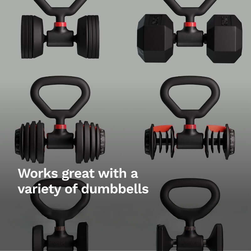 Dumbbell to Barbell Converter, versatile design for various dumbbells, perfect for home workouts.