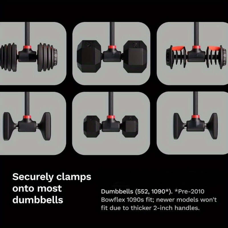 Dumbbell to Barbell Converter securely clamps onto most dumbbells for versatile home workouts.