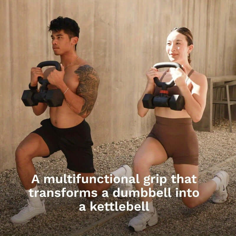 Dumbbell to barbell converter in use by two people during a workout for practical home fitness routines.