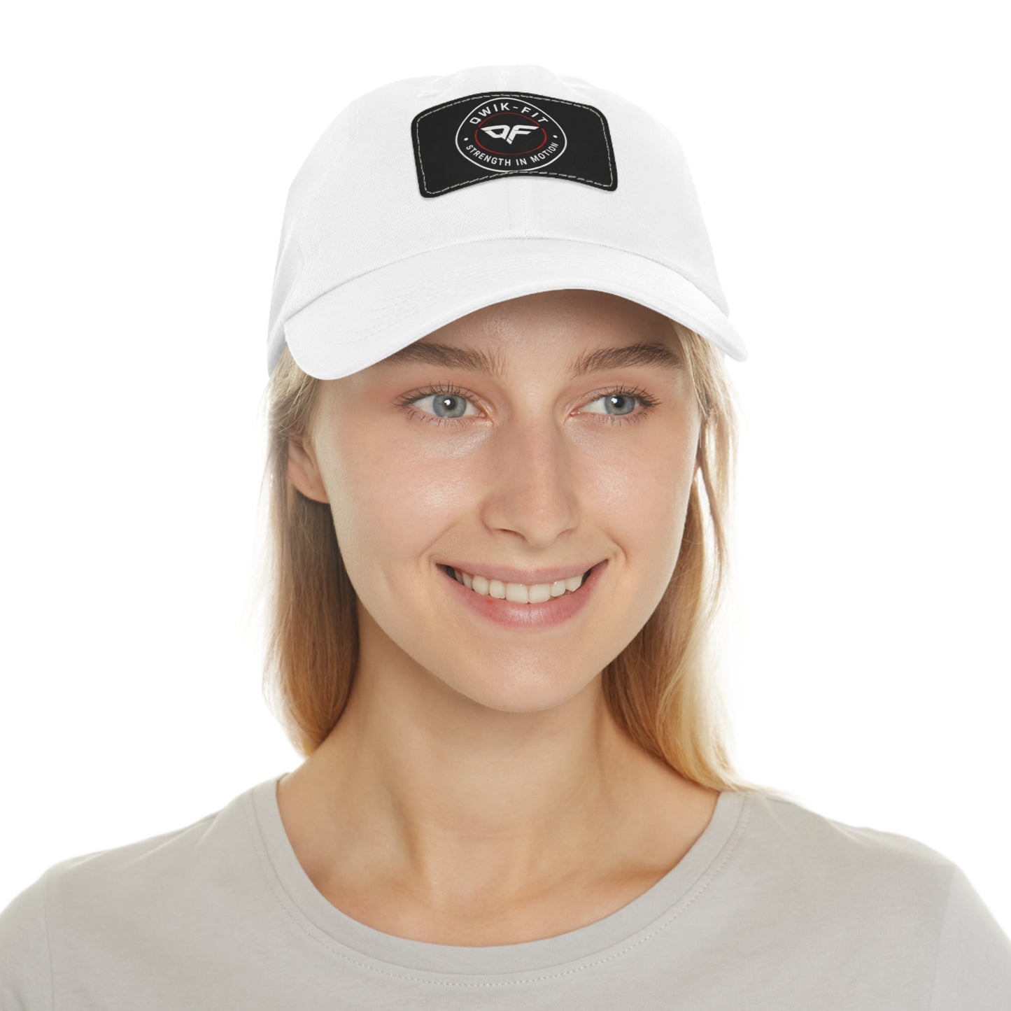 Qwik-Fit Leather Patch Dad Hat by Printify, navy blue baseball cap with leather patch, casual unisex hat for everyday wear.
