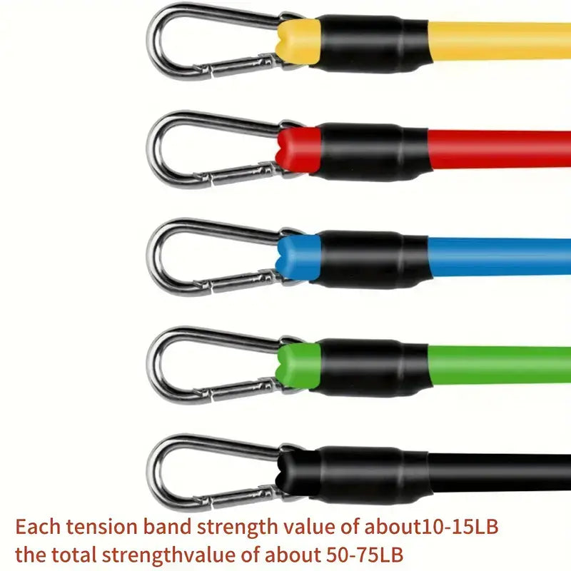 11pcs TPE resistance fitness set showing various tension bands for effective workouts and strength training.