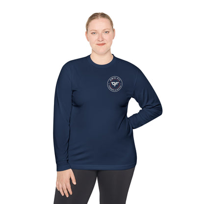 Printify Adventure Crew long sleeve tee featuring Coastal Compass logo, showcasing a comfortable, stylish long-sleeve shirt with nautical design.