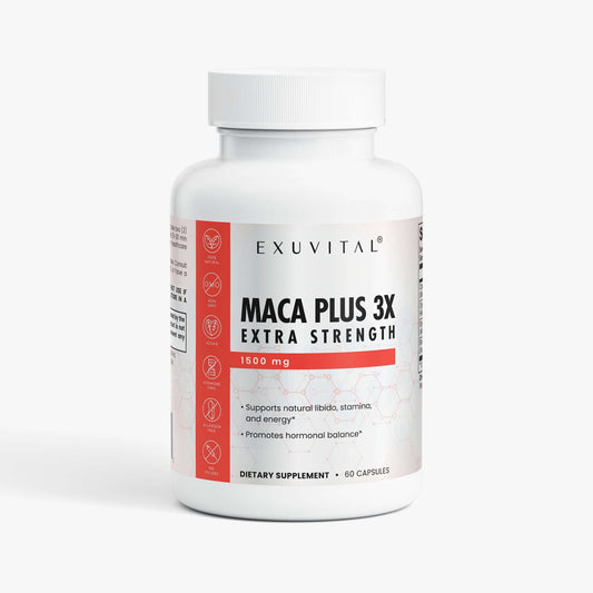 Maca Plus 3X fitness supplement in a white bottle with red accents, 1500 mg, for enhanced workout performance.