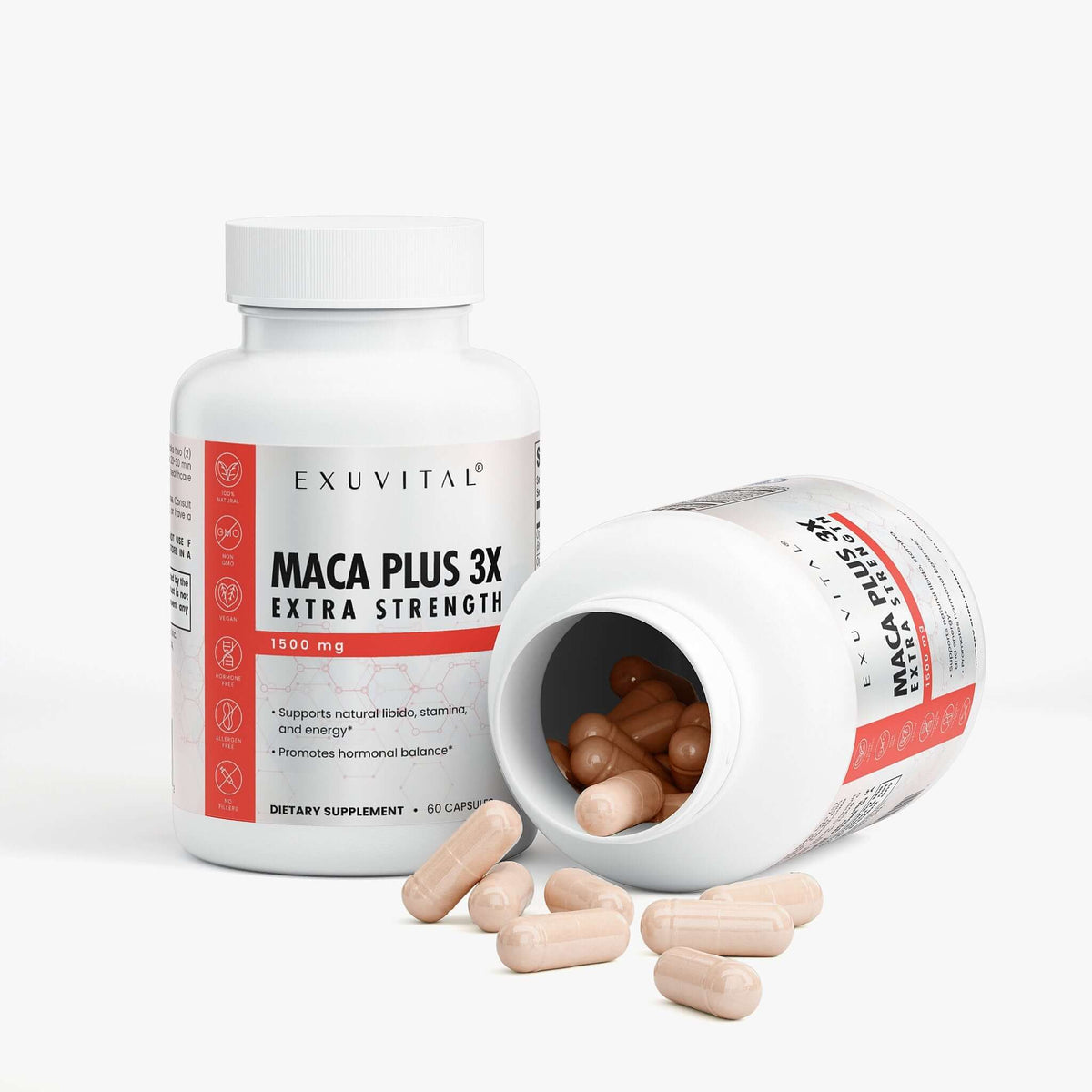 Maca Plus 3X fitness supplement bottle and capsules for enhanced performance and stamina.