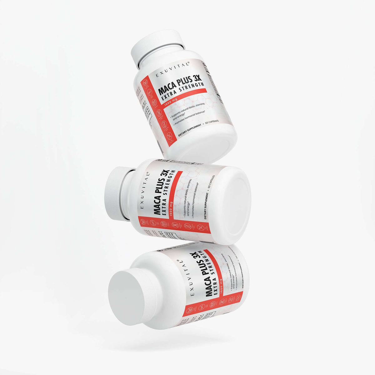 Maca Plus 3X fitness supplement bottles stacked for enhanced nutrition and performance.