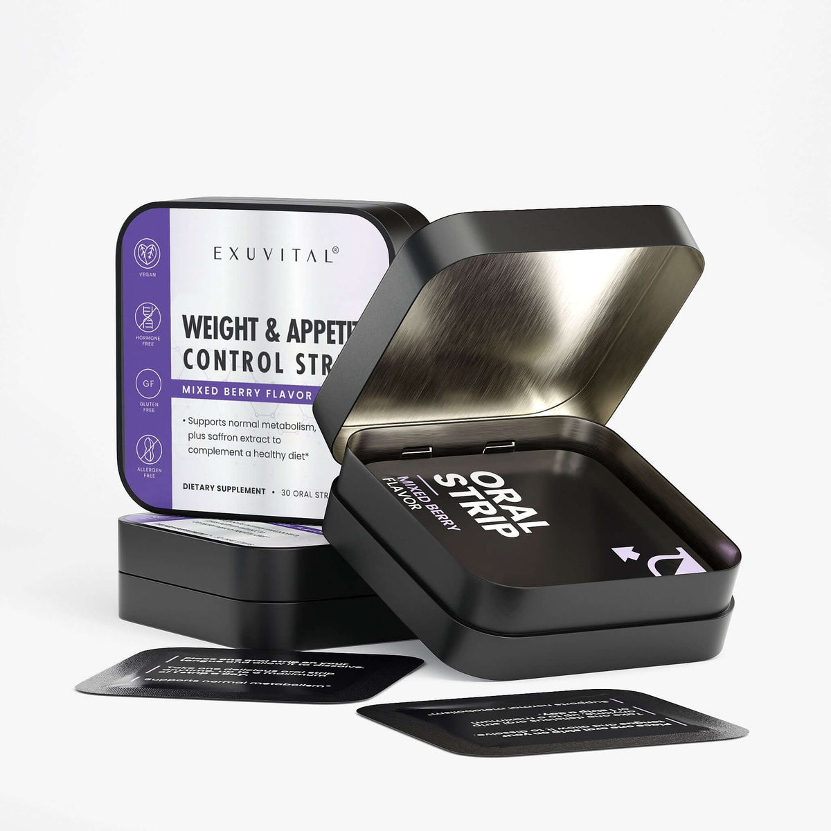 Weight & Appetite Control Strips packaging featuring mixed berry flavor, ideal appetite control dietary supplement strips.