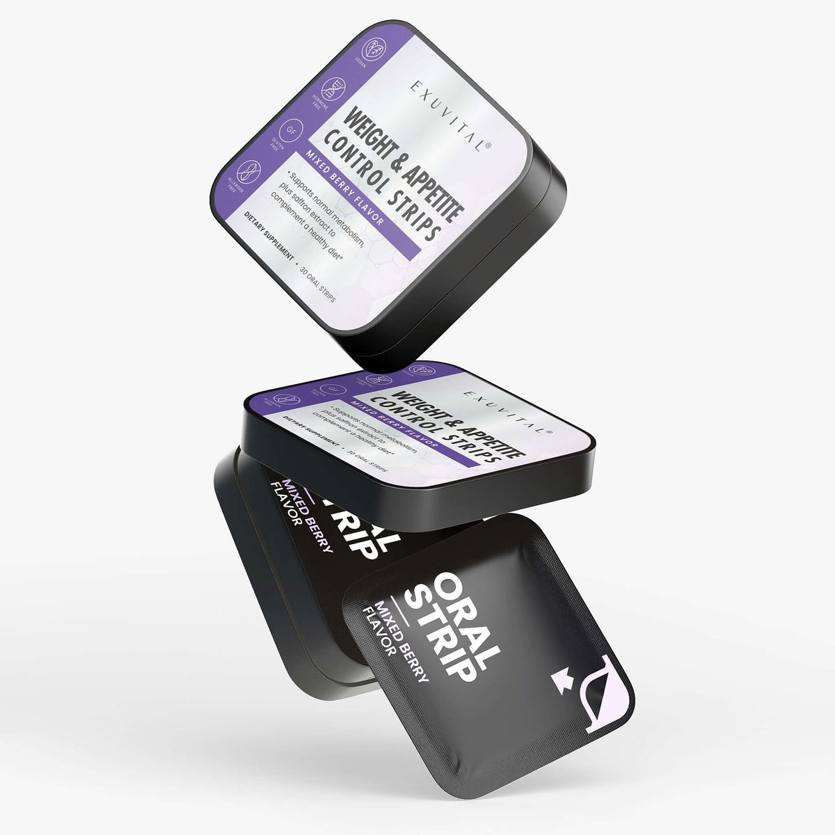 Weight & Appetite Control Strips packaging design featuring appetite control dietary supplement strips in mixed berry flavor.