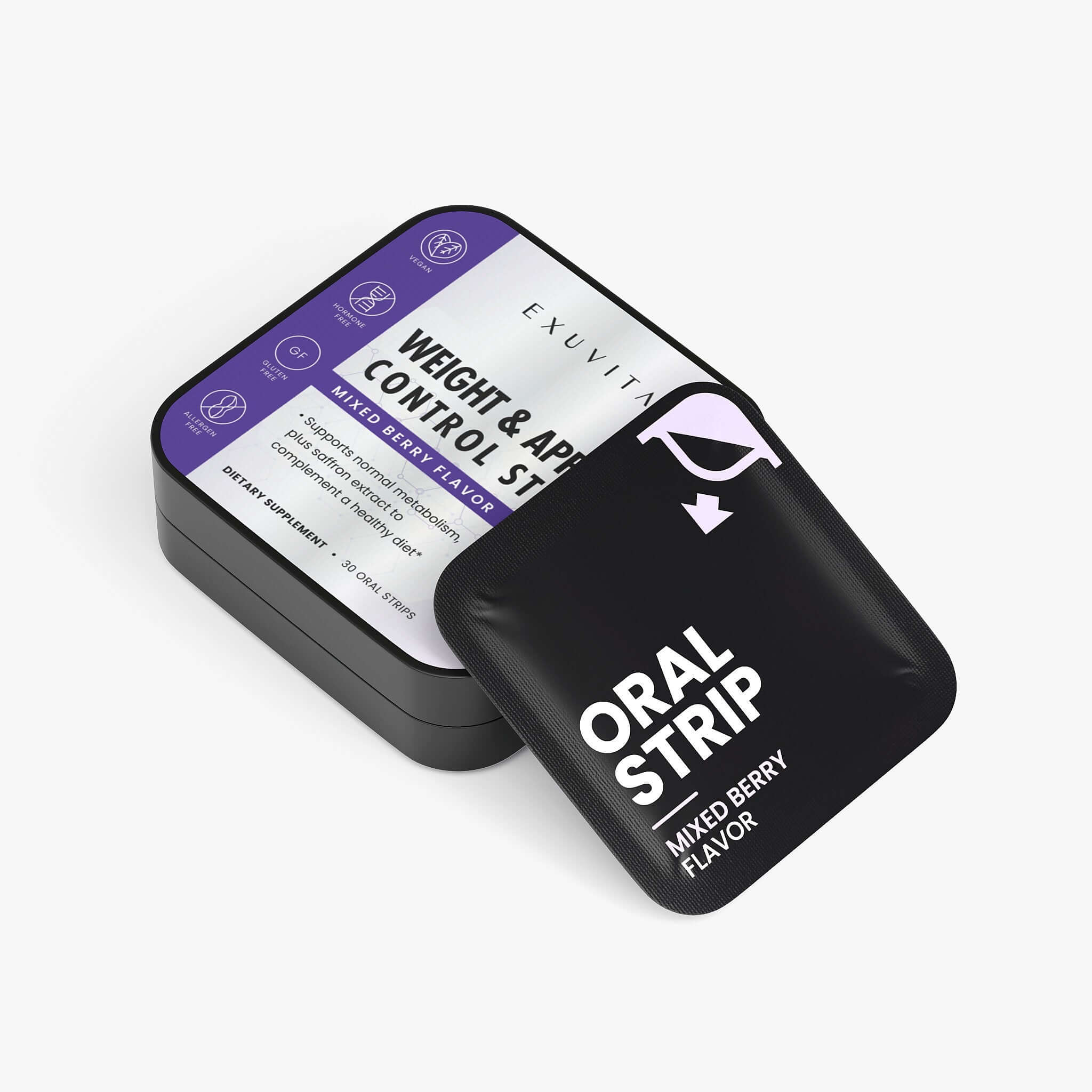 Weight & Appetite Control Strips packaging showing mixed berry flavor for appetite control dietary supplement strips.