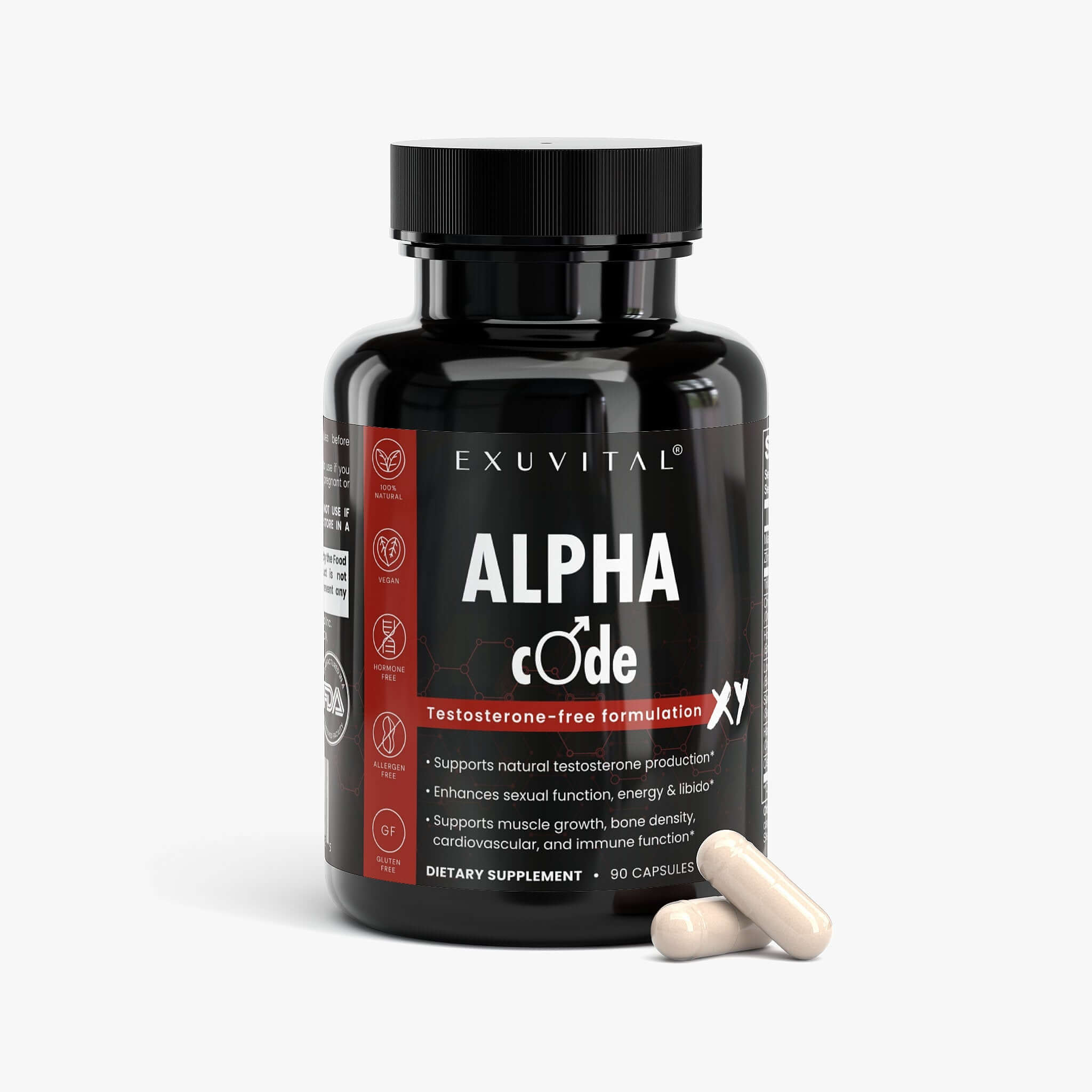 Alpha Code XY male enhancement dietary supplement bottle with capsules, promoting wellness and vitality.