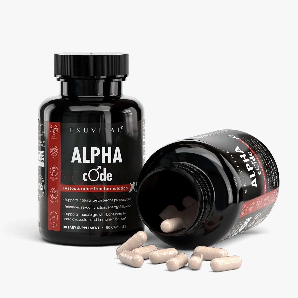 Alpha Code XY male enhancement dietary supplement in a black pill bottle with capsules spilling out.