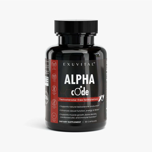 Alpha Code XY male enhancement dietary supplement bottle with 90 capsules and detailed label.