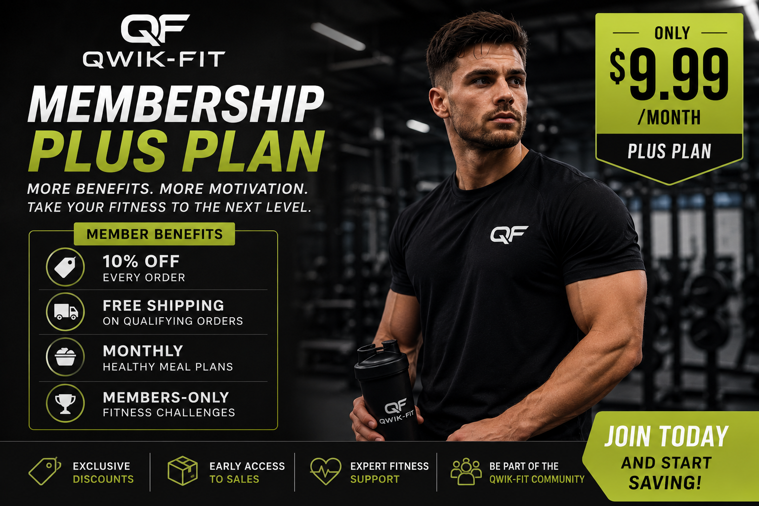 Qwik-Fit Plus membership benefits graphic showcasing exclusive rewards and discounts for fitness enthusiasts.