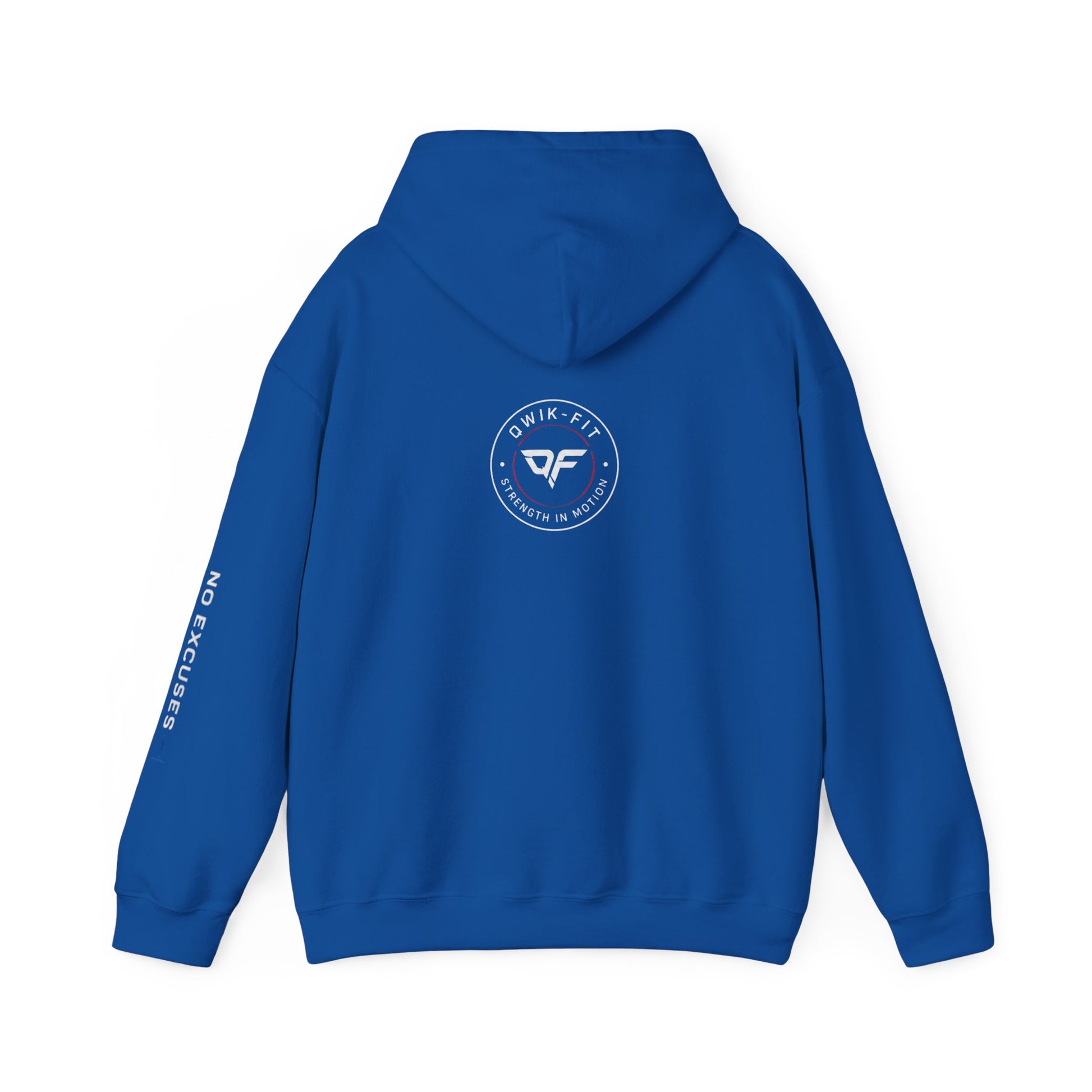 Printify Qwik-Fit Built Different hoodie featuring logo design and 'No Excuses' sleeve, casual gym pullover for fitness enthusiasts