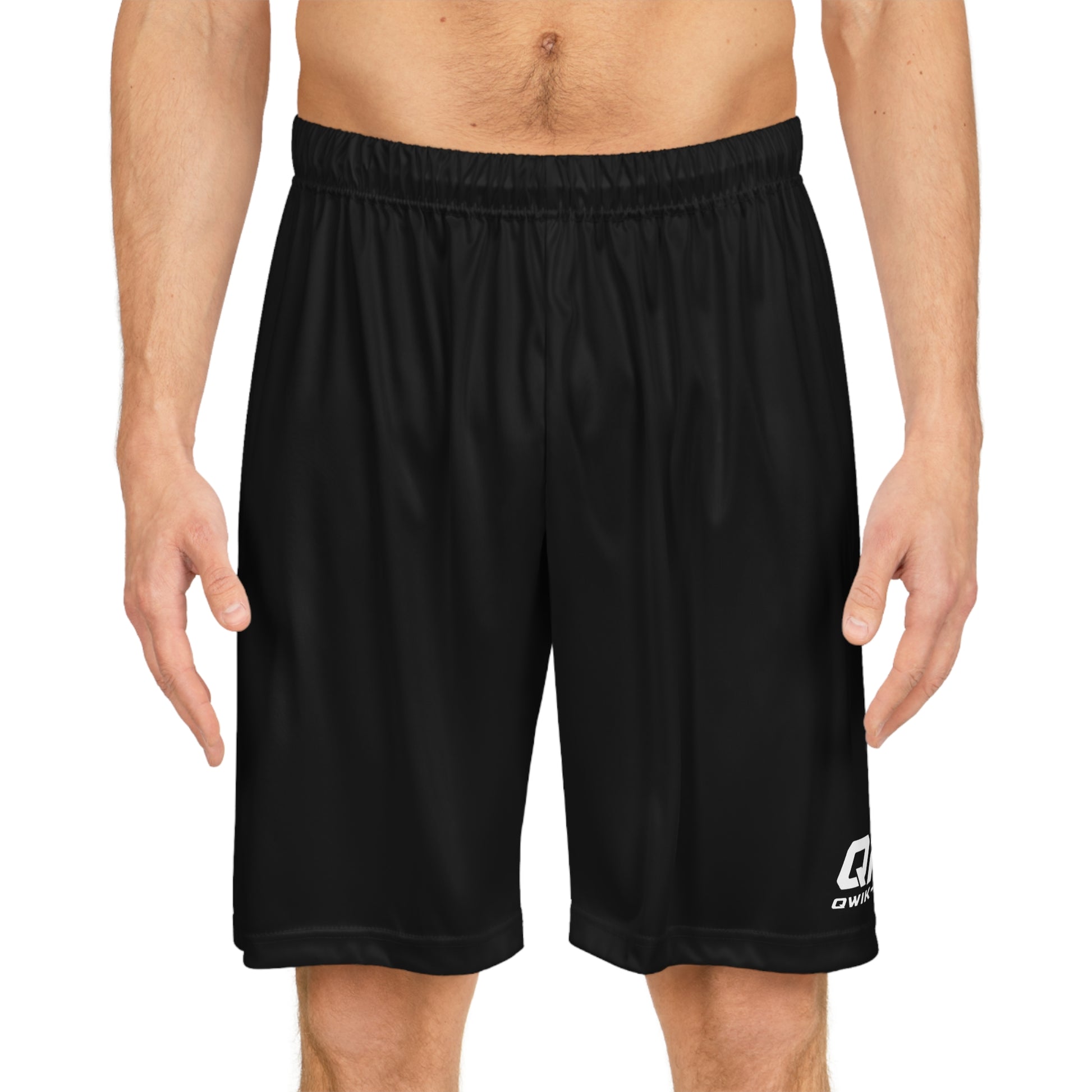 Qwik-Fit athletic basketball shorts with breathable fabric and vibrant all-over print, designed for performance and comfort.