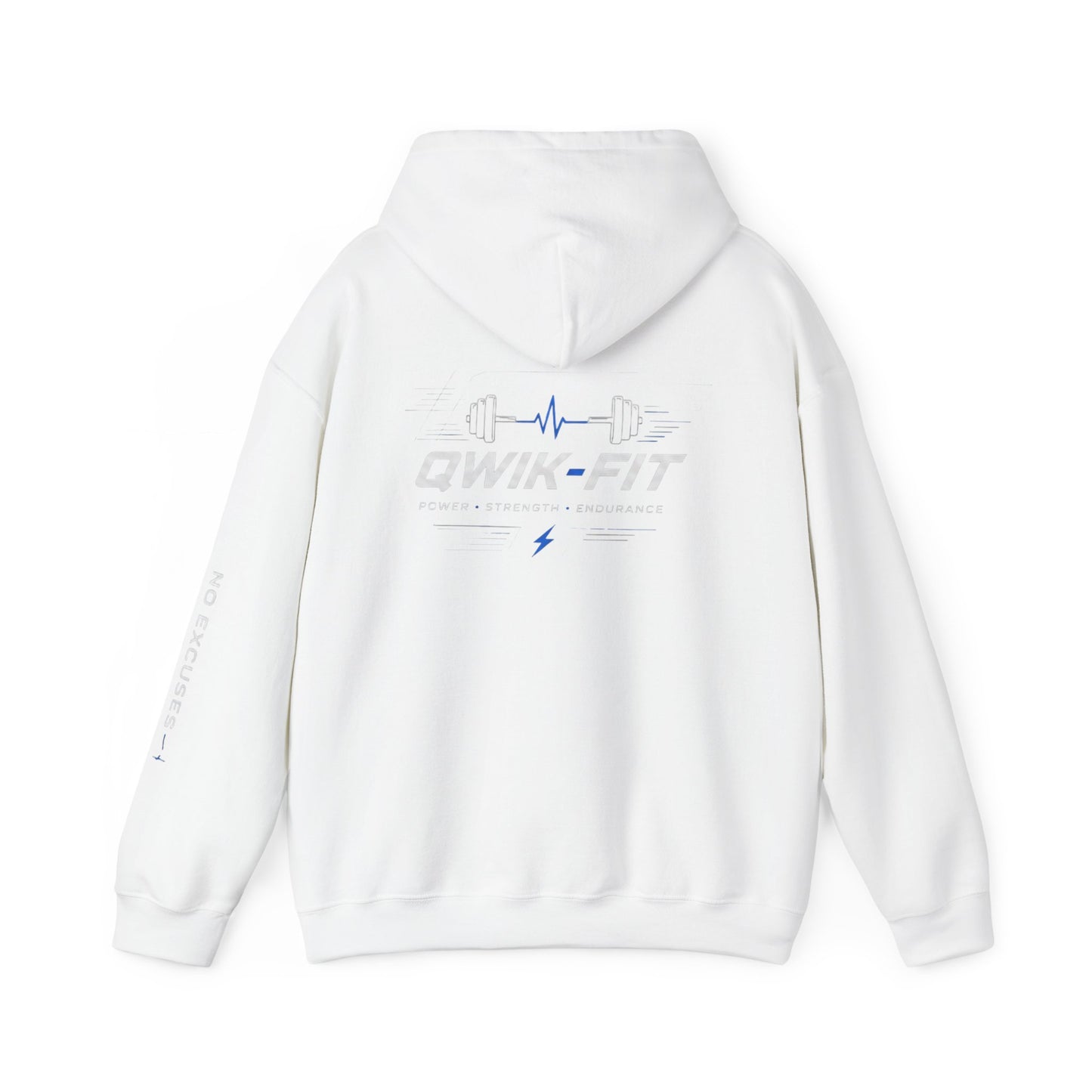 Gray Qwik-Fit Gym hoodie with barbell logo, casual fitness pullover for workout and athletic wear, by Printify.