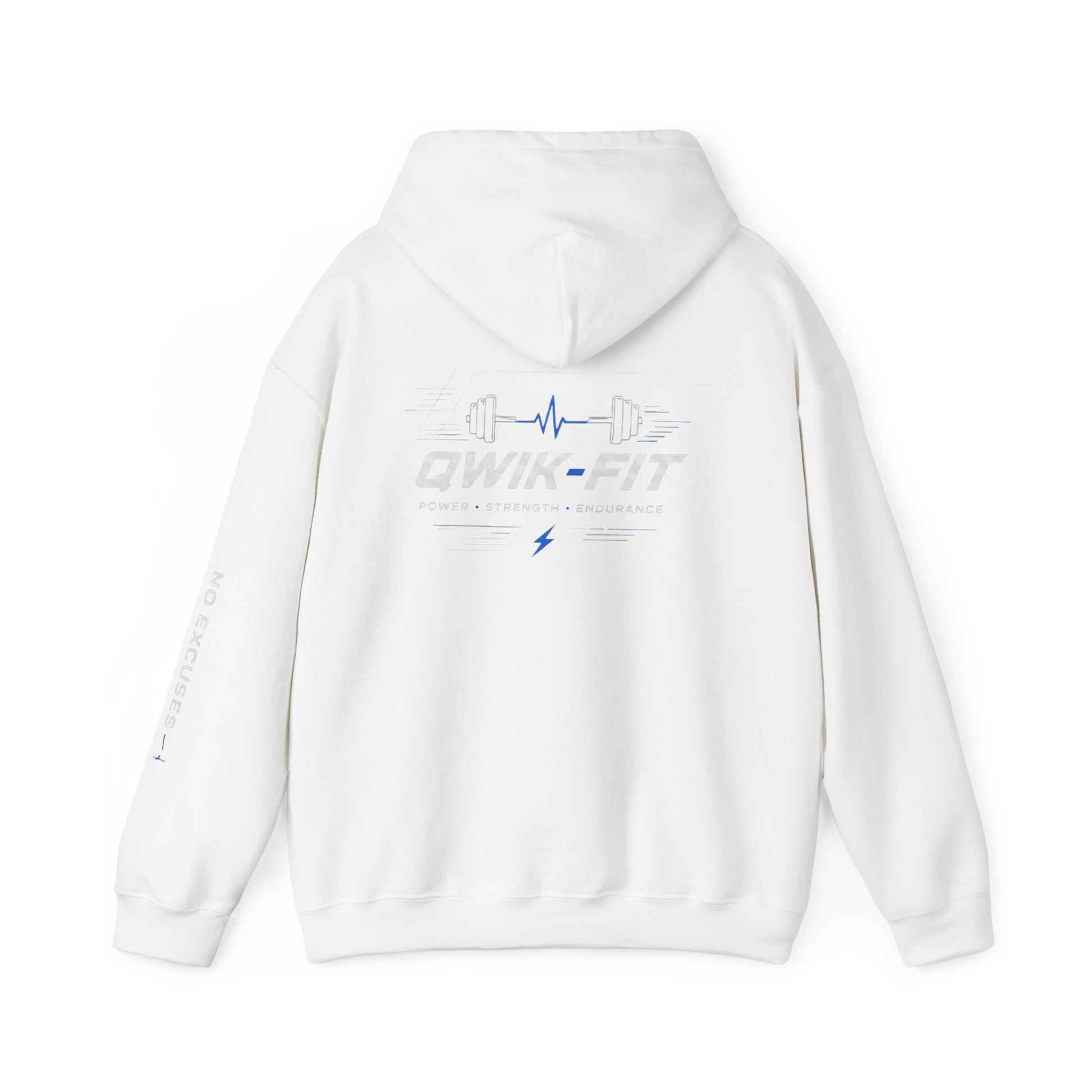 Gray Qwik-Fit Gym hoodie with barbell logo, casual fitness pullover for workout and athletic wear, by Printify.