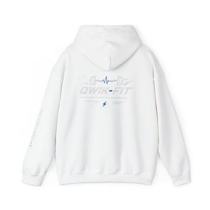 Gray Qwik-Fit Gym hoodie with barbell logo, casual fitness pullover for workout and athletic wear, by Printify.