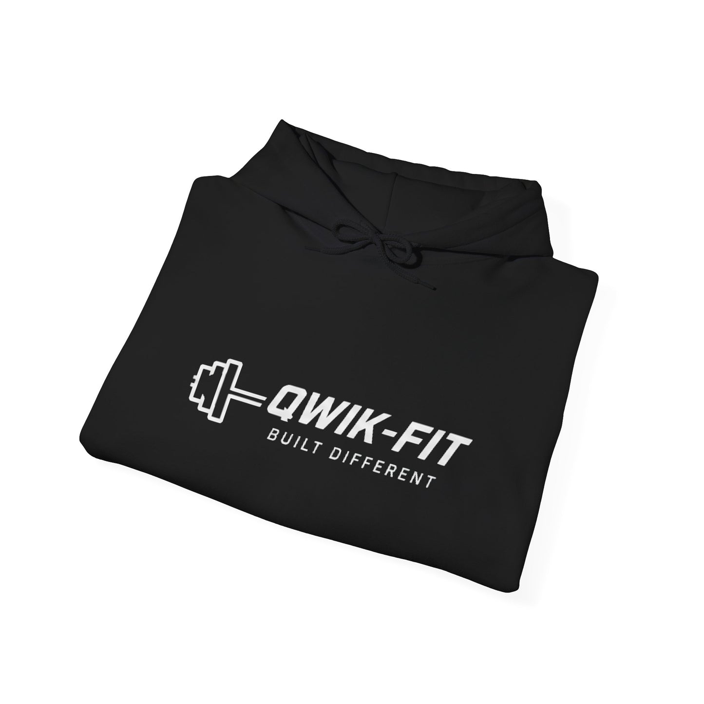 Qwik-Fit Built Different hoodie featuring a barbell logo, a motivational gym pullover hoodie in sleek black.
