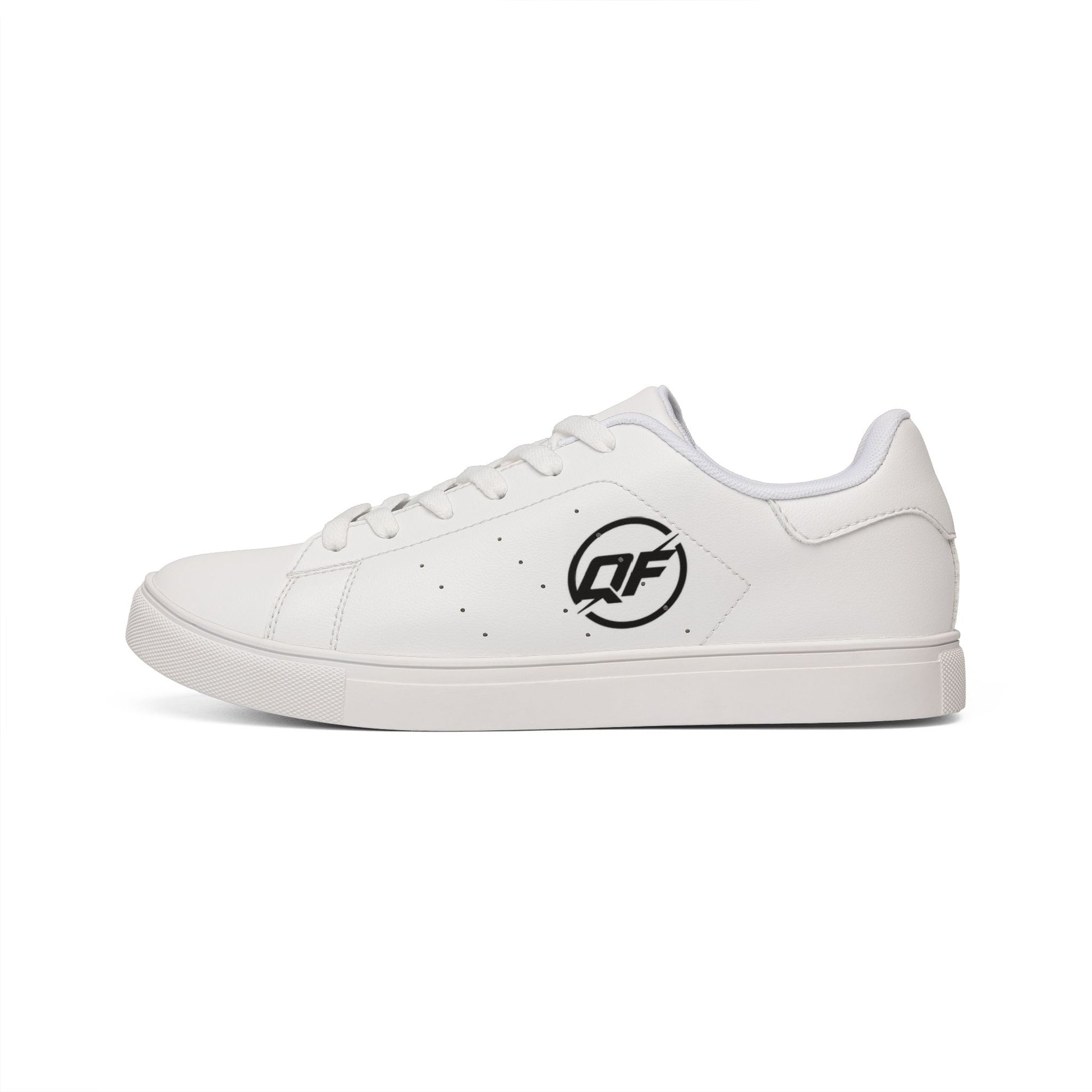 Men's low-top leather sneakers by Printify, featuring stylish black shoes with white rubber soles and classic design.