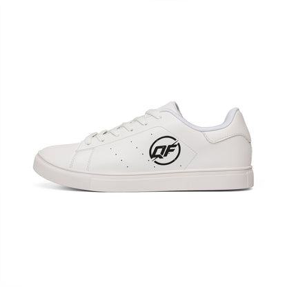 Men's low-top leather sneakers by Printify, featuring stylish black shoes with white rubber soles and classic design.