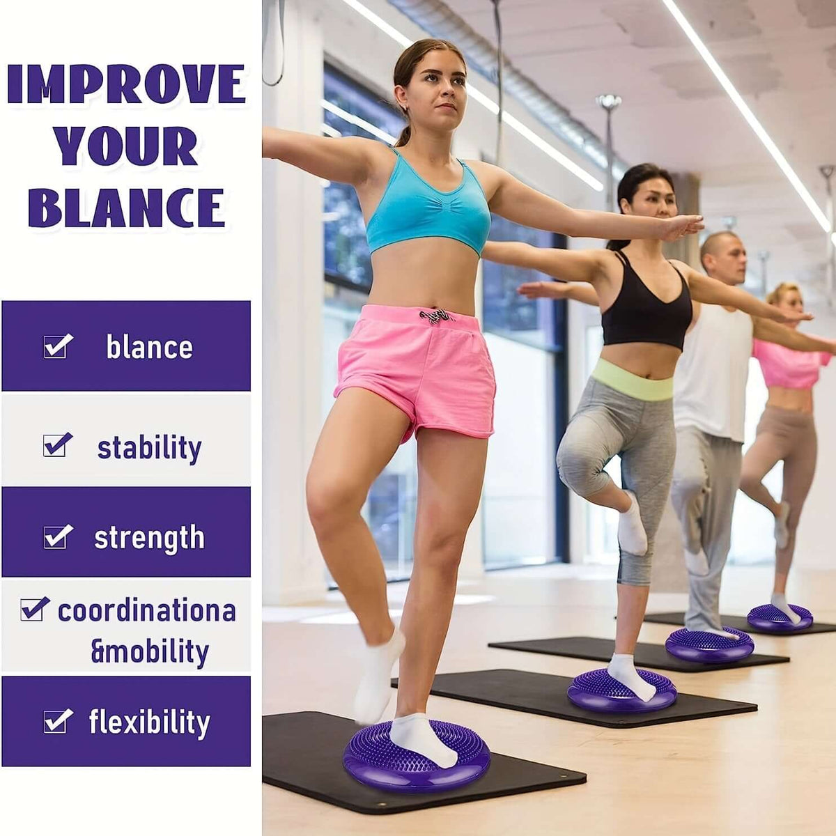 Group workout using inflatable balance boards for core strength training to improve balance, stability, and strength.