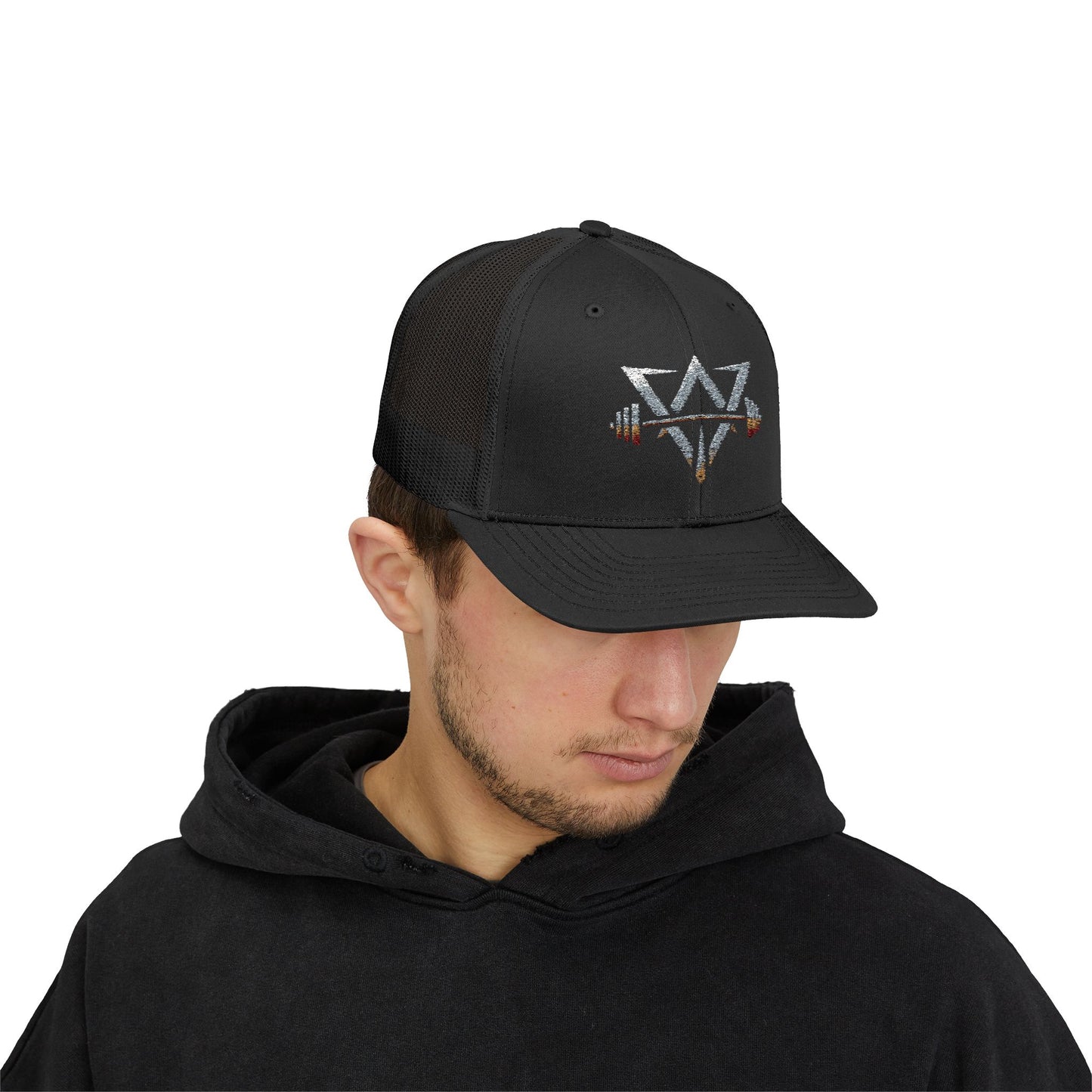 Printify snapback trucker cap, stylish hat with adjustable strap, featuring a classic design and breathable mesh back.