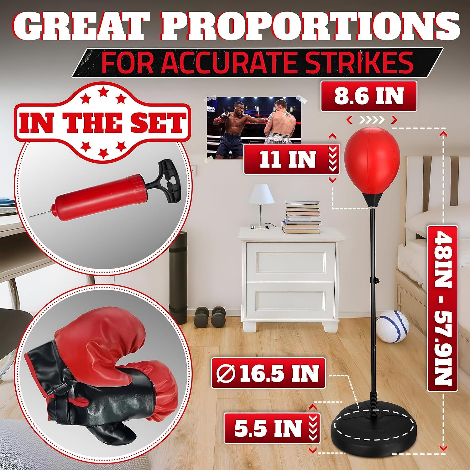 Adjustable youth punching bag with stand set including gloves and pump, designed for accurate strikes and home fitness training.