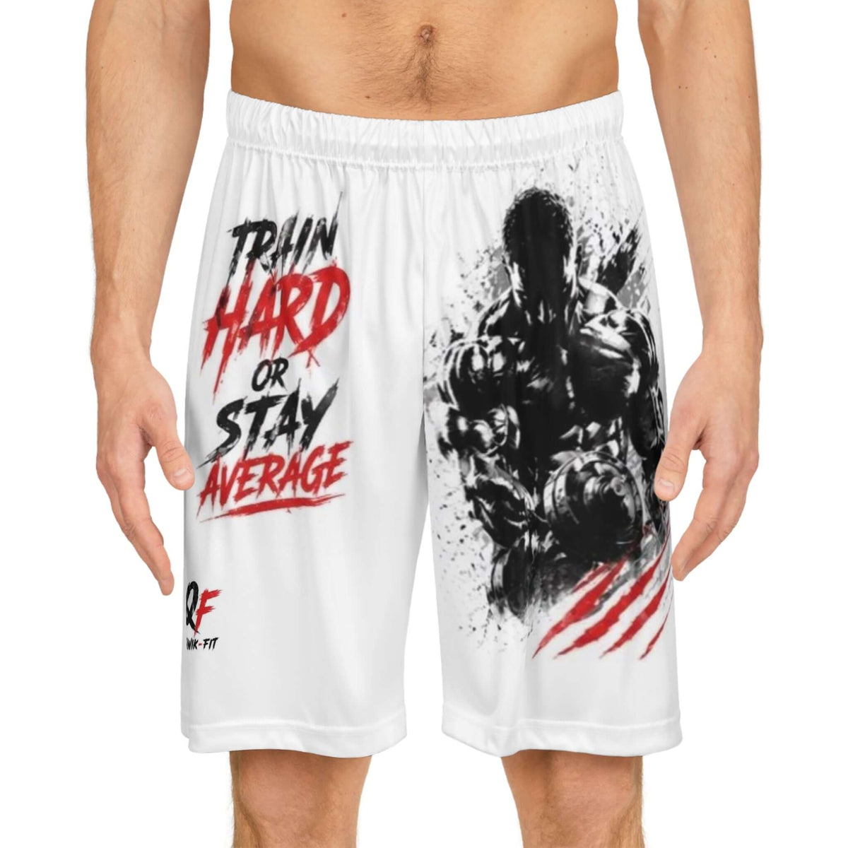 Men's all-over print basketball shorts featuring motivational graphics, designed for comfort and performance in workouts.
