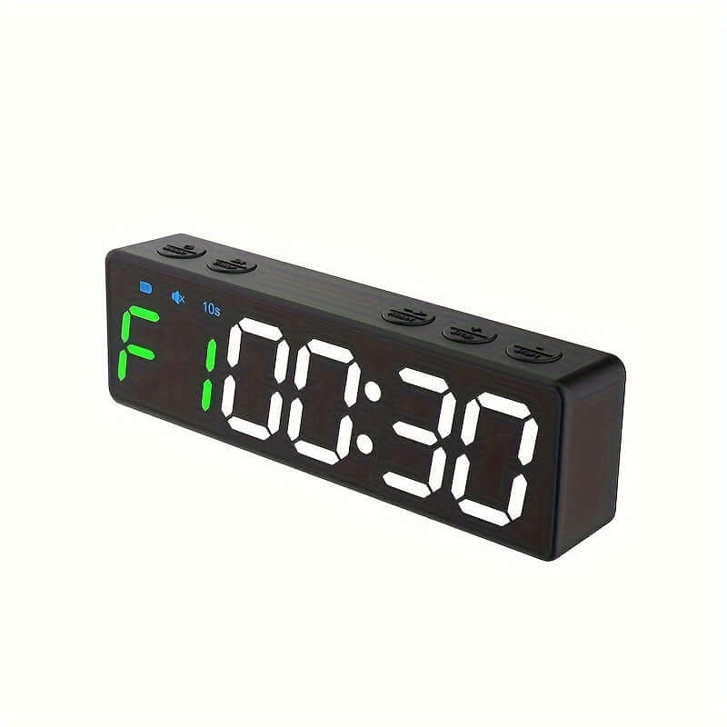 Rechargeable gym timer for workouts displaying time, designed for effective training sessions with fat burning modes.