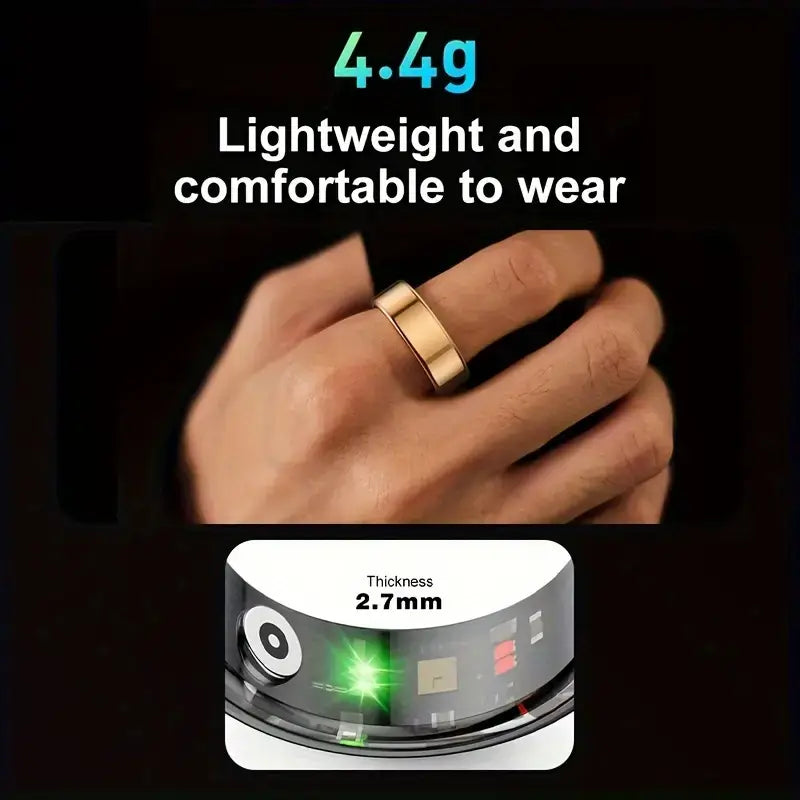 Stainless steel fitness tracker ring shown in hand, emphasizing lightweight and comfort for daily use.
