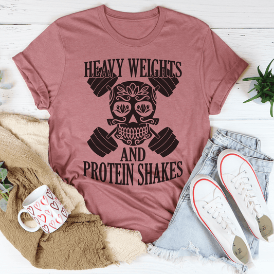 Heavy Weights And Protein Shakes Tee in mauve, combining comfort with an athletic look for casual and training wear.