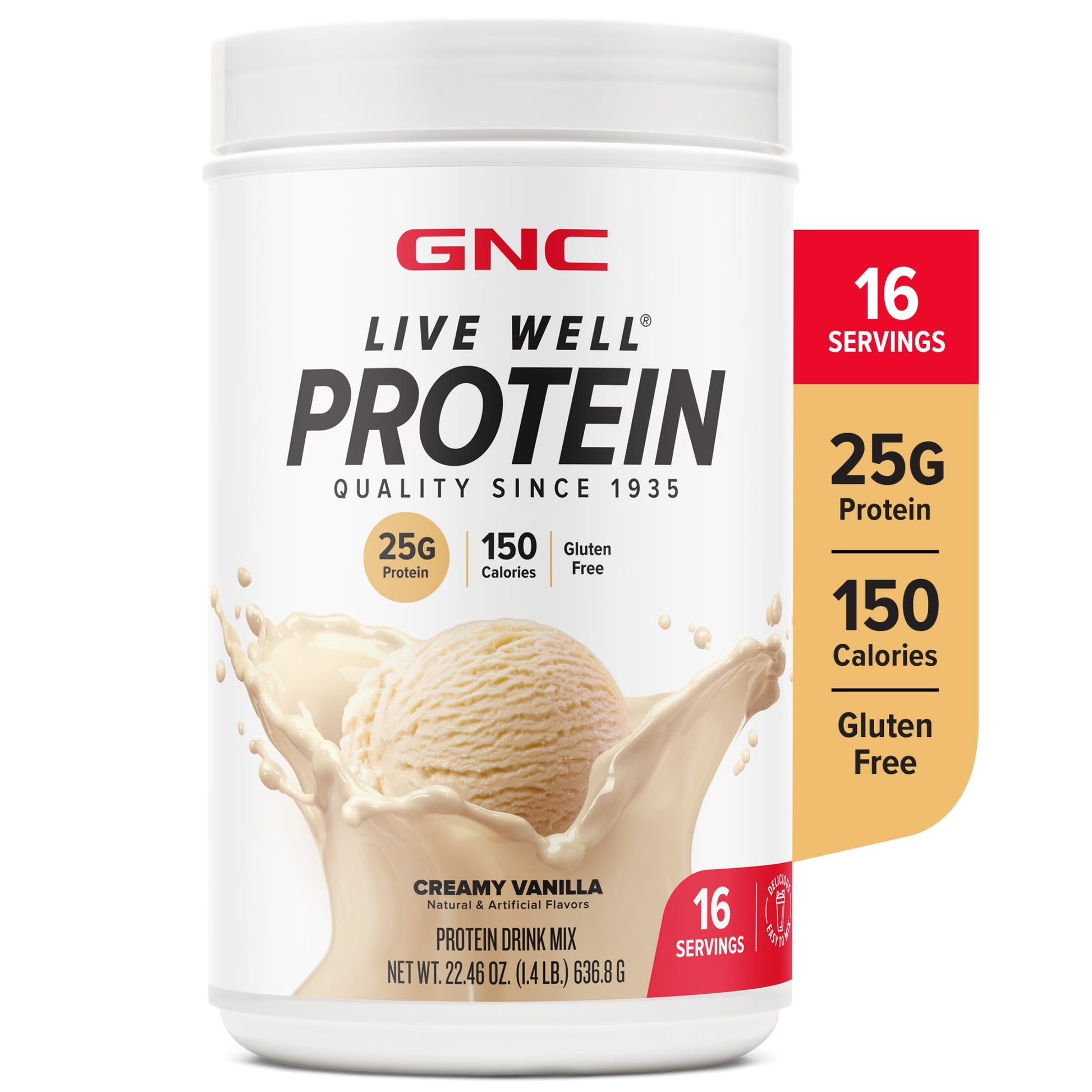 Live Well Protein Powder, 25G Whey Protein, Creamy Vanilla, Gluten Free, No Sugar Added, 16 Servings