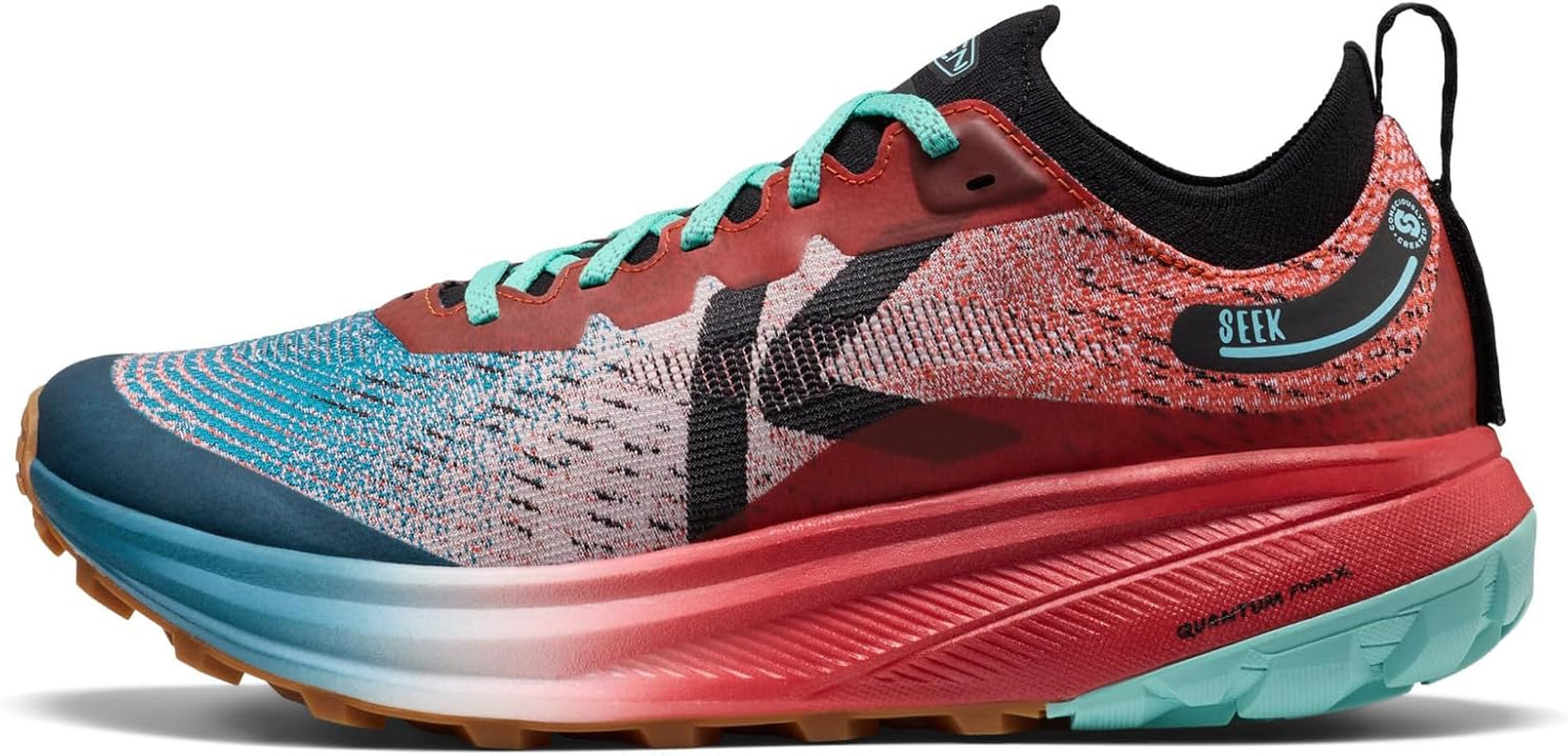 KEEN Seek trail running shoes in gray and black with rugged soles, designed for outdoor trail running and hiking.
