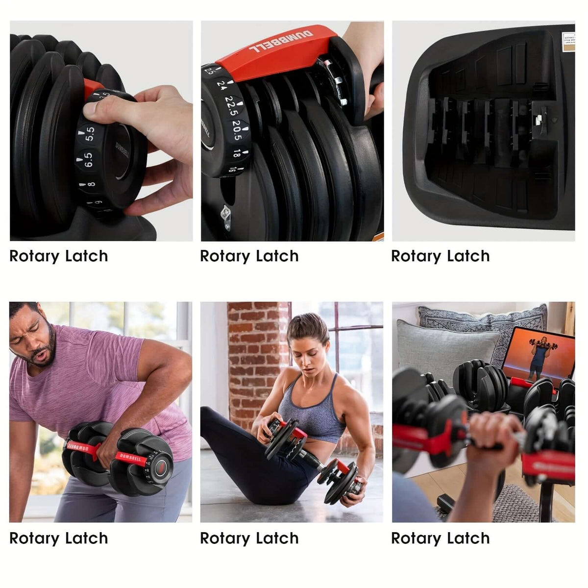 Adjustable dumbbell 24KG with anti-slip handle showcased in various workout scenarios.