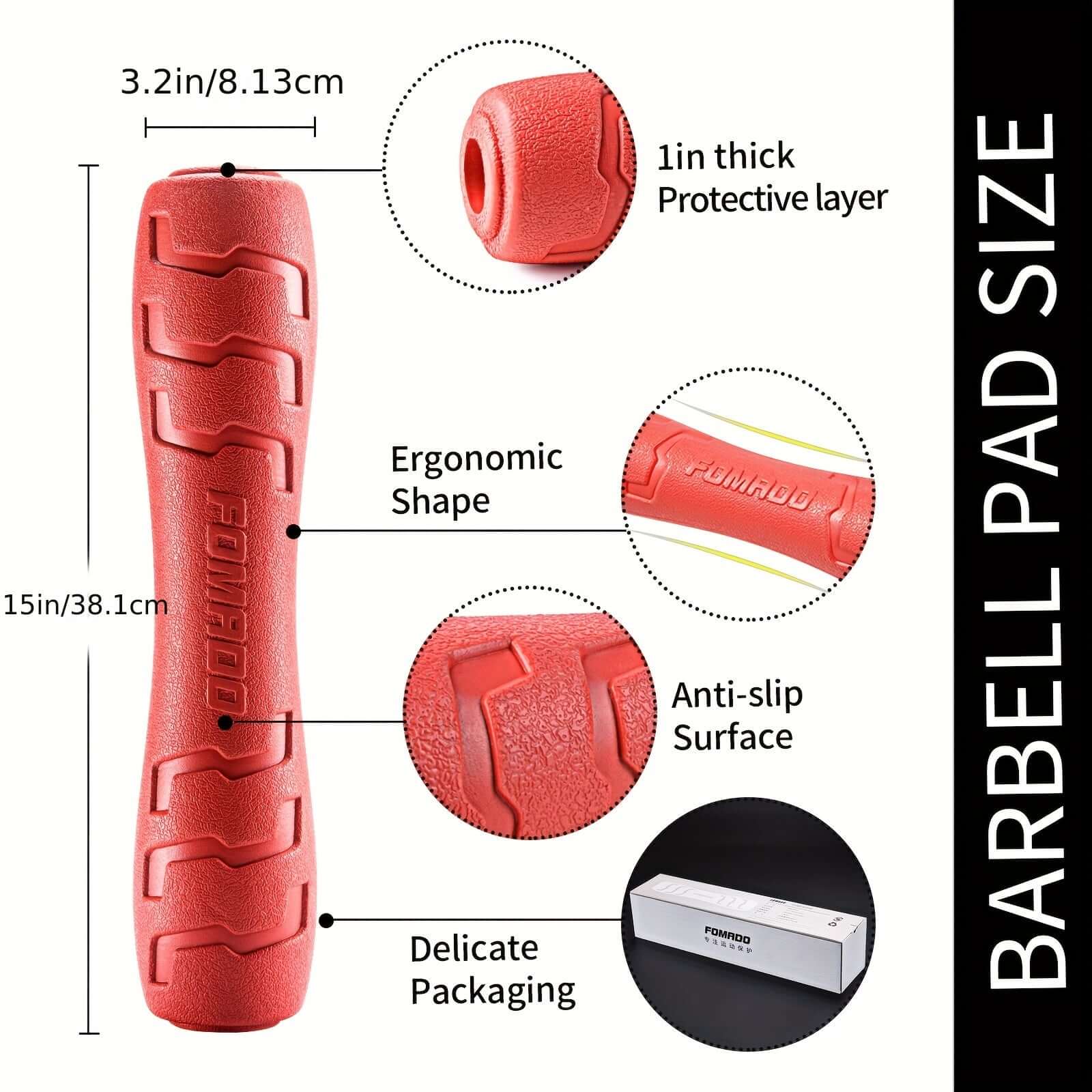 High-Density Barbell Squat Pad featuring ergonomic design, anti-slip surface, and 1in protective layer for workouts.