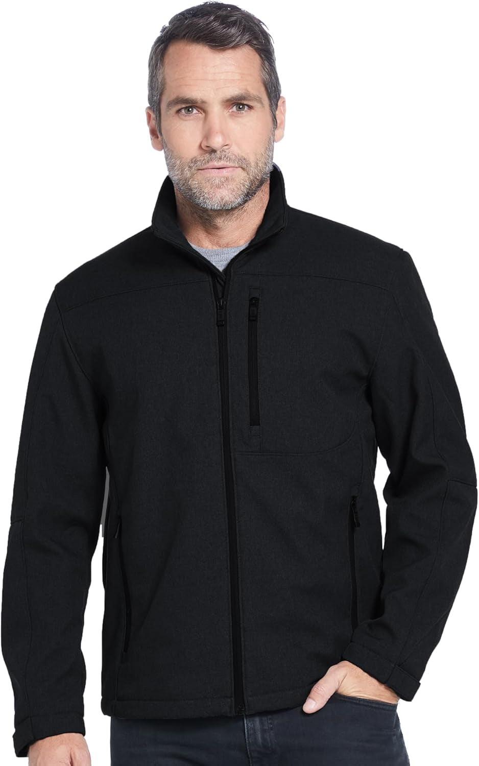 Weatherproof men's softshell jacket with windproof, water-resistant fabric, breathable and lightweight outdoor coat shown in the image.