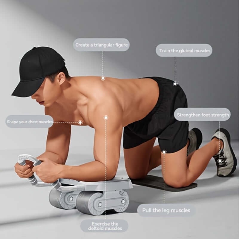 Person using a 4-wheel ab roller with elbow support for effective home workouts and muscle training.
