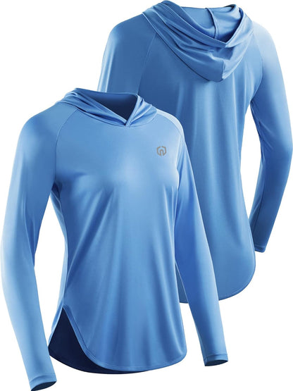 NELEUS women's sun protection running shirt with hood, athletic workout top, lightweight breathable fabric, suitable for outdoor exercise.