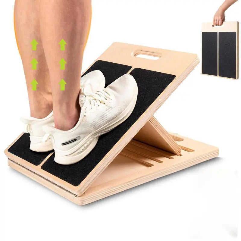 Adjustable wooden slant board for calf stretching and leg exercises, with sturdy construction and portable design for fitness and therapy.