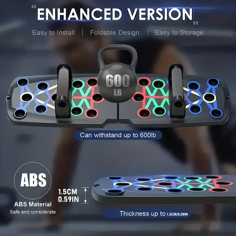 Multi-functional Folding Push Up Board for home workouts with a foldable design, holds up to 600 lbs, made of ABS material.