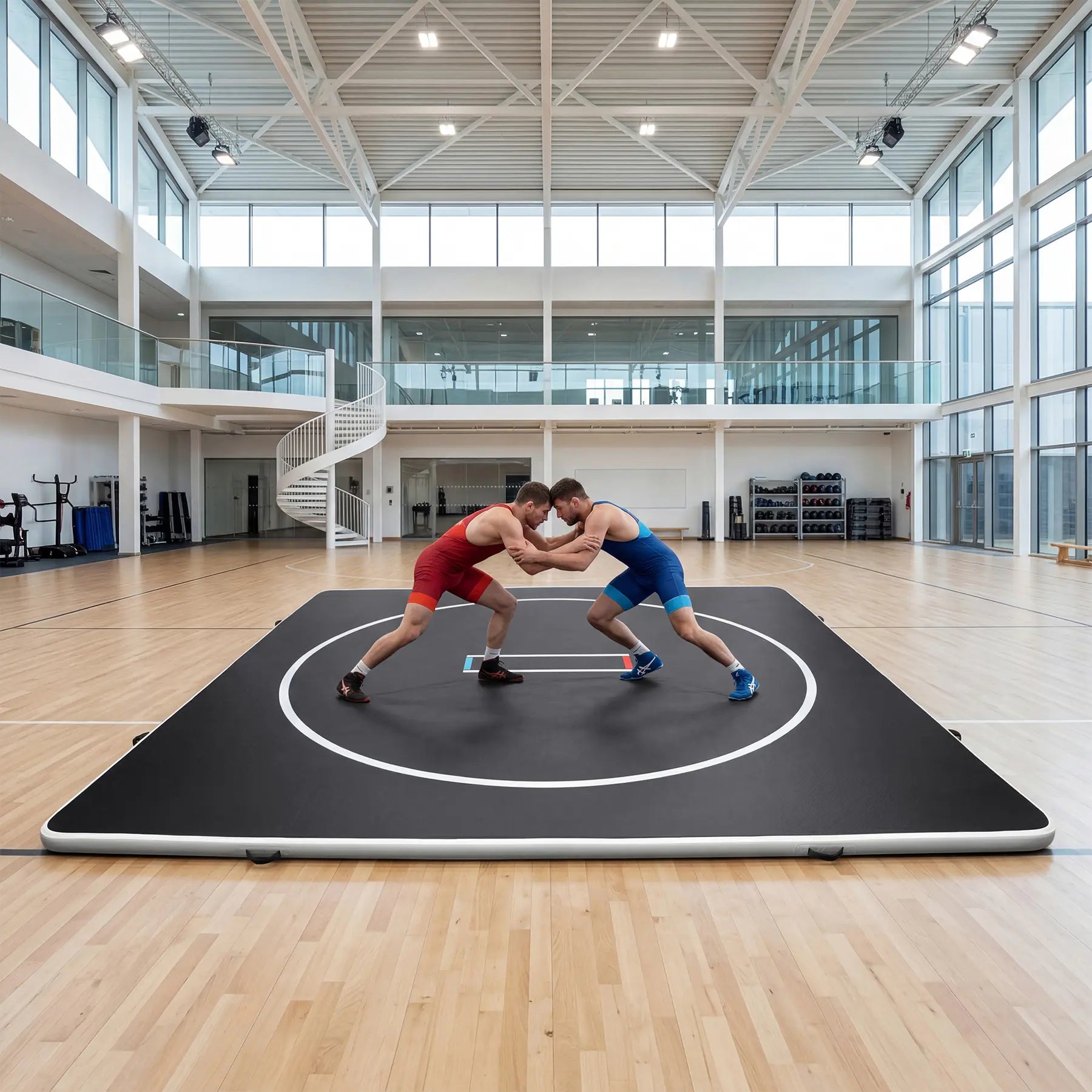 Inflatable wrestling mat 10FT x 13FT, 4-inch thick PVC jiu jitsu and MMA training mat with circles for martial arts and indoor outdoor use.