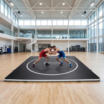 Inflatable wrestling mat 10FT x 13FT, 4-inch thick PVC jiu jitsu and MMA training mat with circles for martial arts and indoor outdoor use.