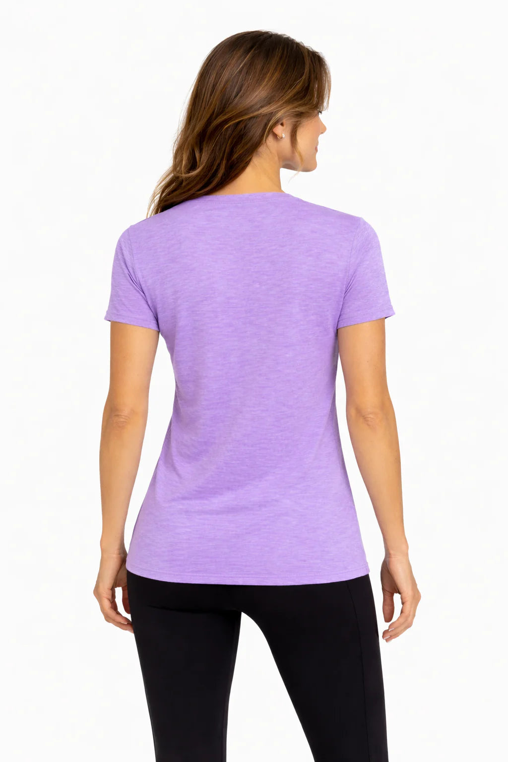 Back view of a woman wearing a women's cooling v-neck t-shirt for women in purple color.