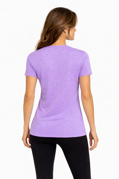 Back view of a woman wearing a women's cooling v-neck t-shirt for women in purple color.