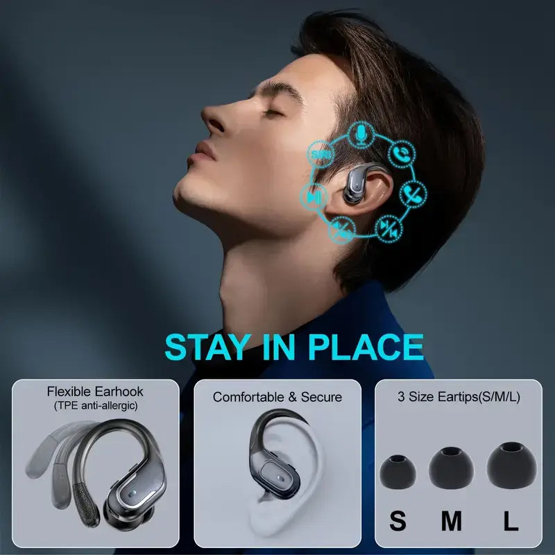 Wireless sports earbuds with bass featuring flexible earhooks and comfortable fit for secure wear during workouts.