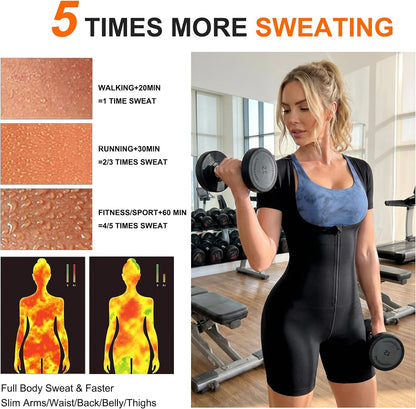 URSEXYLY women's sauna suit with waist trainer, showing benefits of increased sweating during workouts.