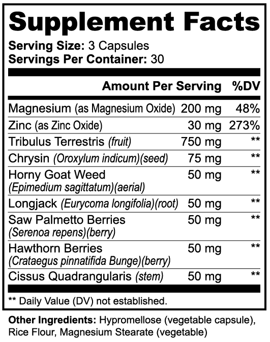 Alpha Code XY male enhancement dietary supplement supplement facts label with ingredients and serving sizes.