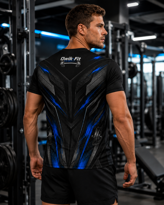 Blue Qwik-Fit men's athletic tank top with all-over print, designed for gym performance, by Printify.