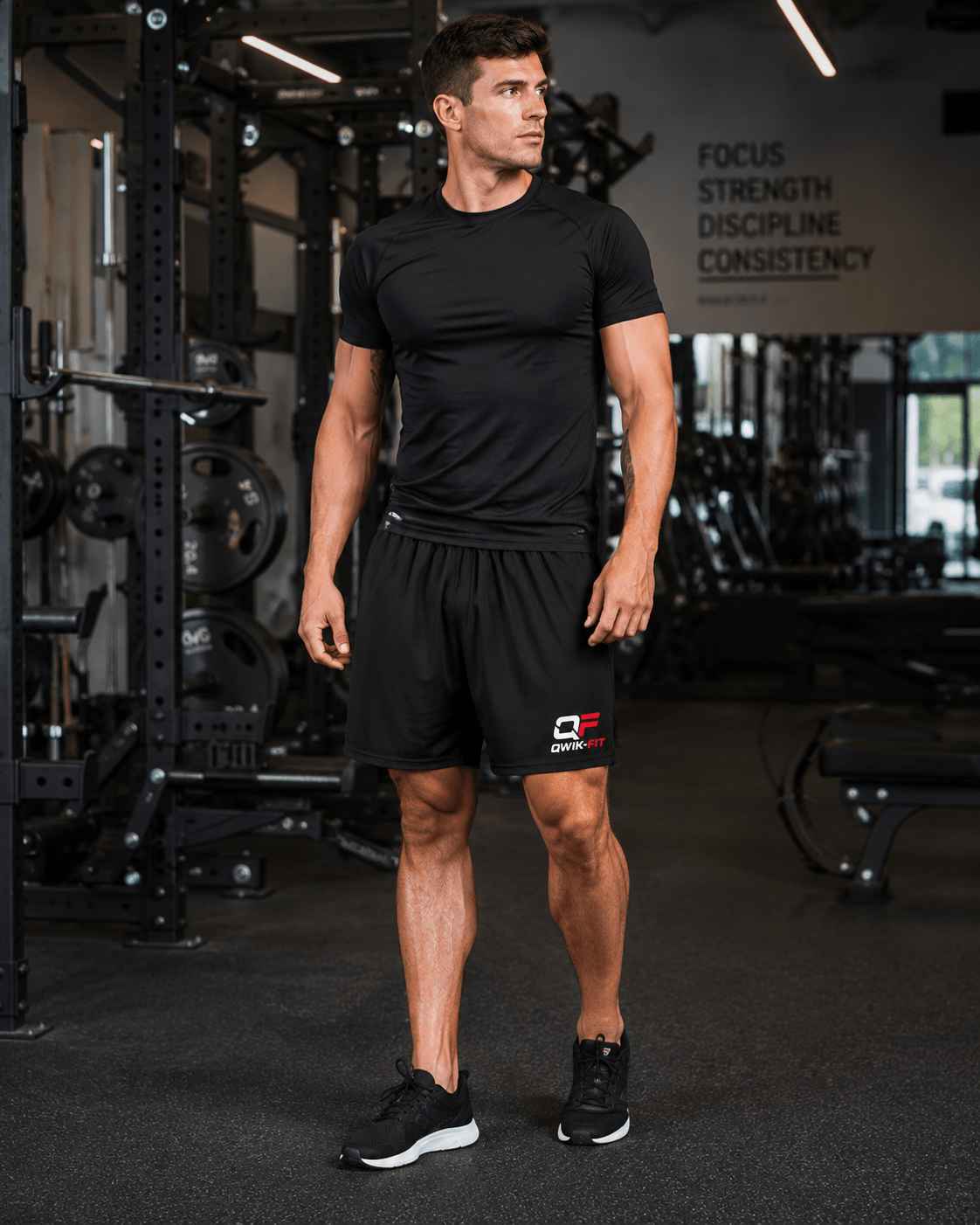 Man wearing black men's breathable athletic training shorts in a gym setting, perfect for workouts and active movement.