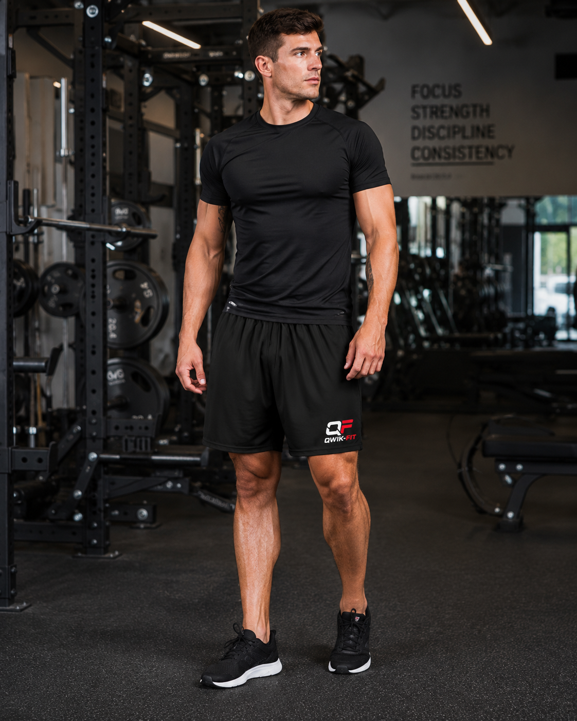 All-over print Qwik-Fit men's athletic shorts with breathable fabric and logo, featuring vibrant sports-inspired design.
